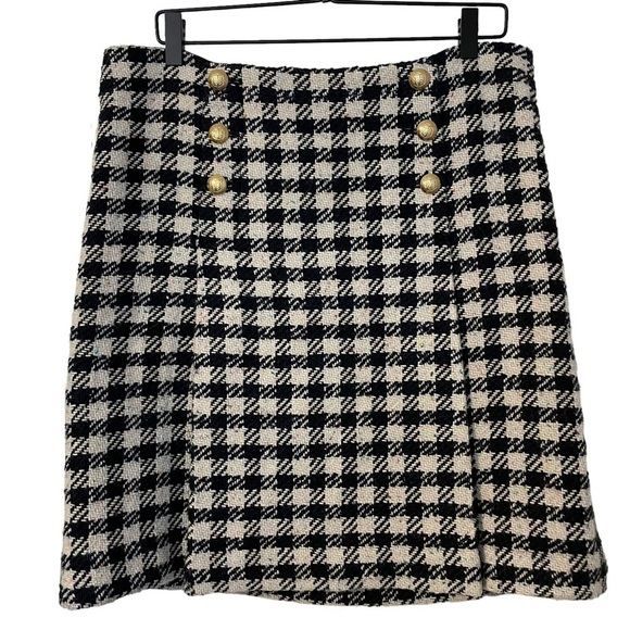 Talbots Black and Cream Houndstooth Plaid Wool Gold Button A-Line Skirt Size 12 - Picture 1 of 11
